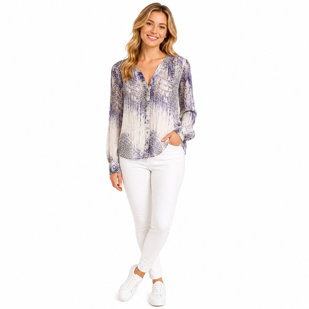 Gypsy 05 Womens XS Silk Snake‎ Print Blouse White Purple Boho V Neck Button Up